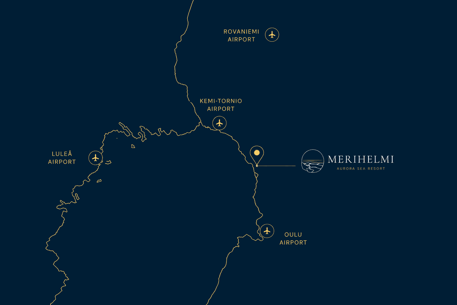 Map showing Aurora Sea Resort near Kemi-Tornio and Rovaniemi airports.