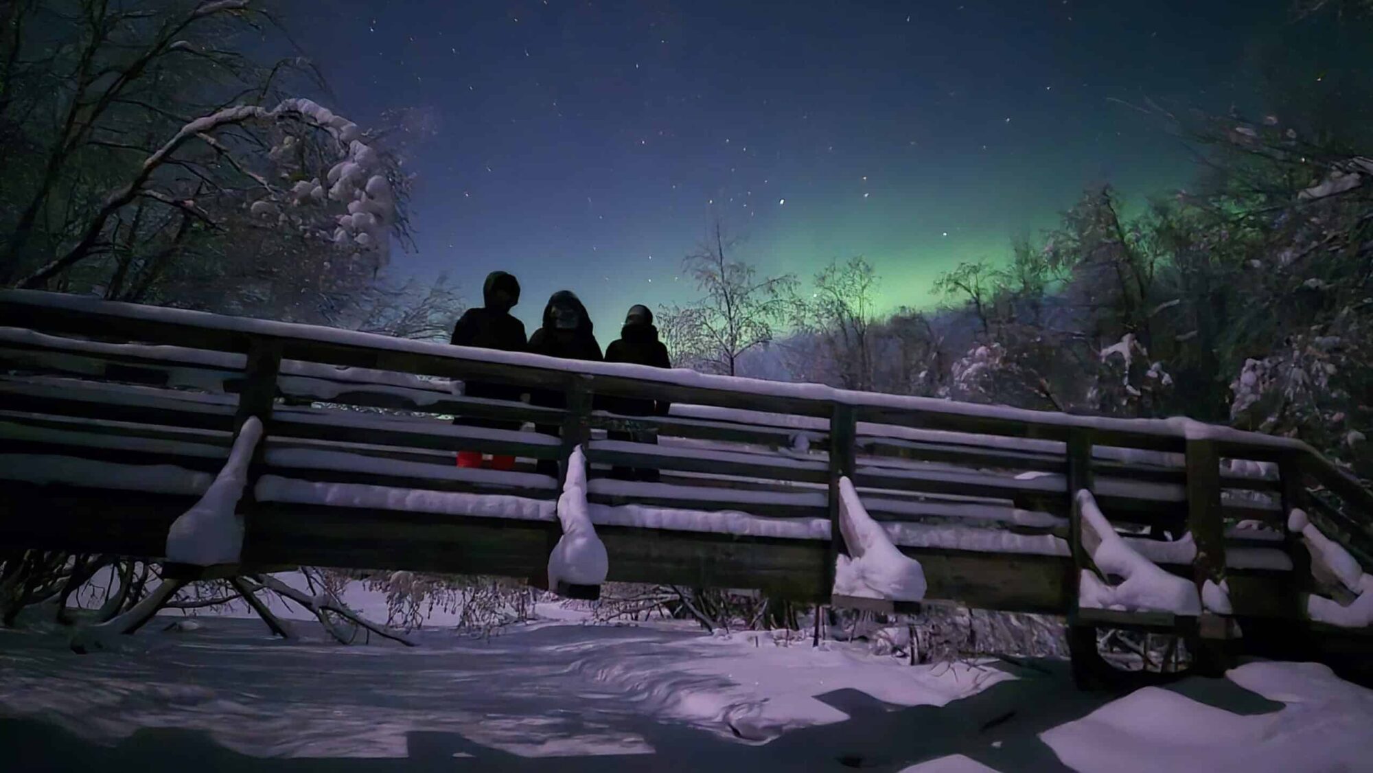Night view of northern lights over snow-covered trees and a wooden bridge.
