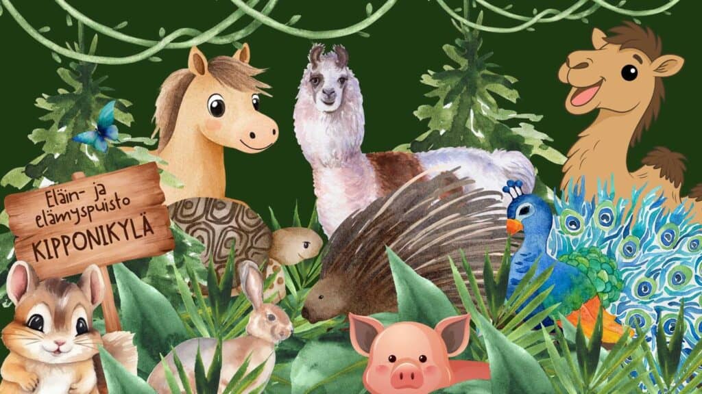 Colorful cartoon animals in a lush forest setting at Aurora Sea Resort.